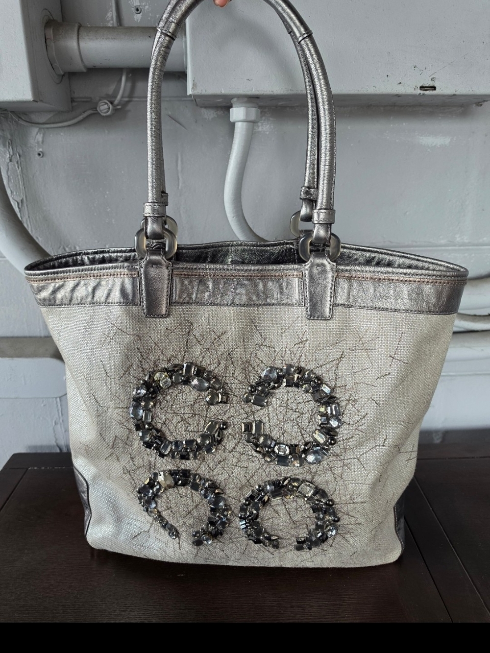 Silver Beaded Tote Bag - Unbranded